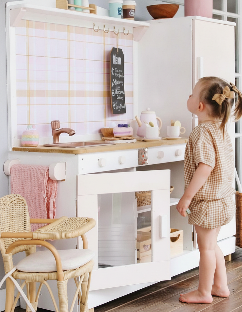 Kids mud kitchen fridge with wallpaper design – outdoor pretend play kitchen accessory by Hide and Seek Kids