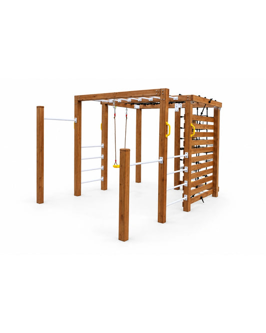 Apex Adventure Fort climbing wall close-up showing timber frame and plastic climbing grips