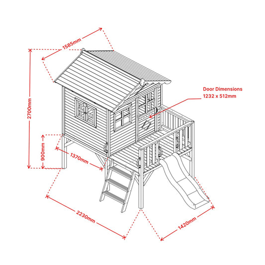 Wooden playhouse with dimensions marked on a white background