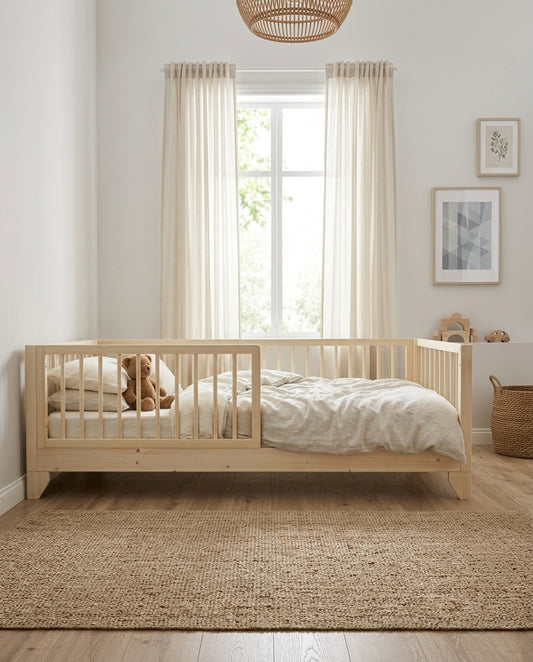 Oliver Kids Bed styled in a children's bedroom, natural pine timber frame with safety rail fitted