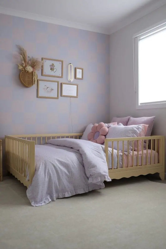 Lulu Kids Bed single size in Natural Pine with classic timber frame in a styled children's bedroom