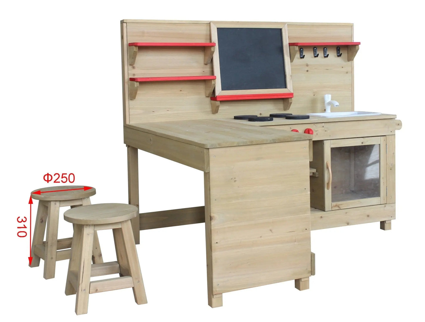 Mud Kitchen Daisy assembled in a backyard showing full setup with sink, stools and storage shelves