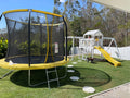 A 10-foot trampoline in a sunny backyard, part of Hide & Seek Kids outdoor play equipment