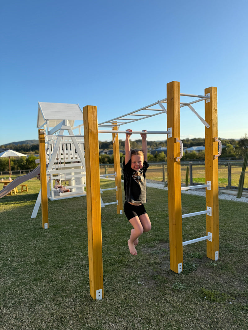 Monkey bars playground equipment with child playing outdoors, durable climbing frame for active kids