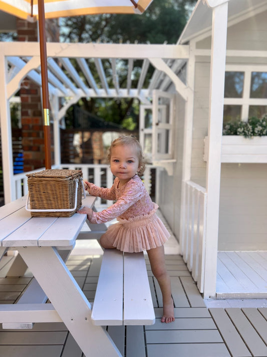 Kids picnic table in wood finish, outdoor children's furniture for garden play and dining