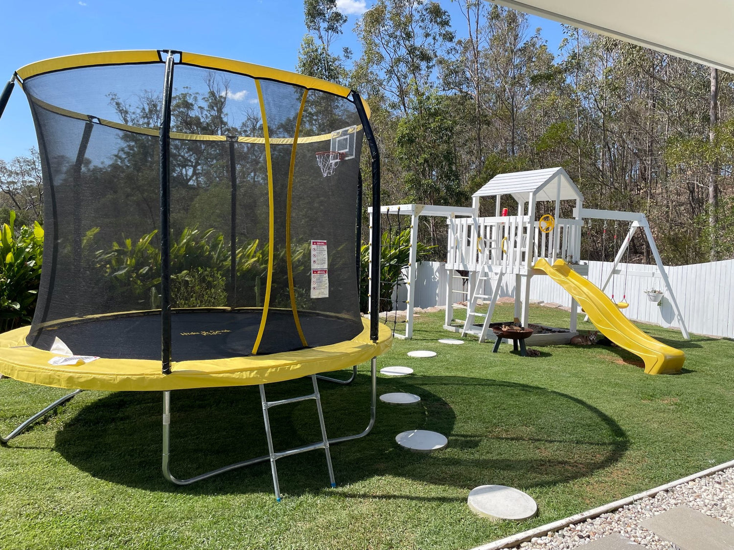 Joey brand 10-foot trampoline with safety enclosure net, designed for children's outdoor play and exercise