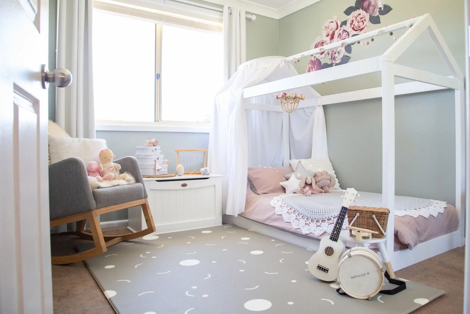 Cubby House Kids bed by Hide & Seek Kids, setup in bedroom.