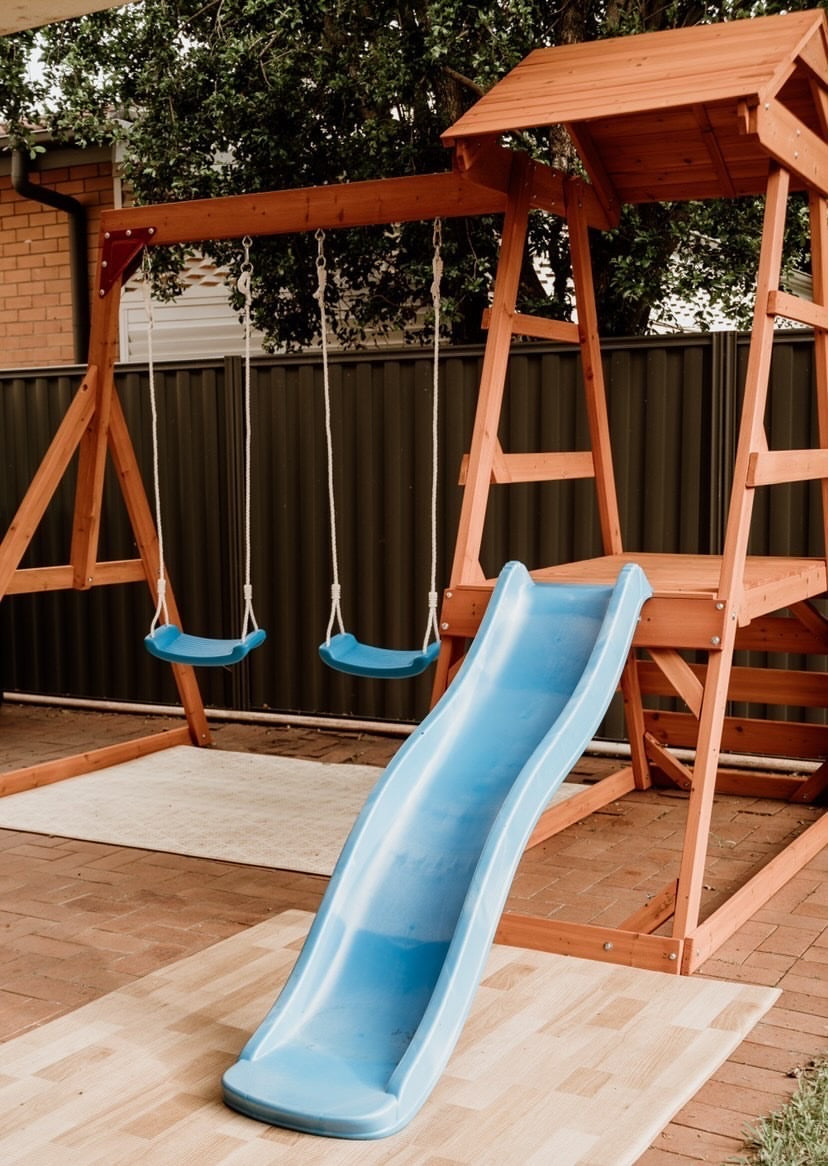 Outdoor wooden swing 2024 and slide set