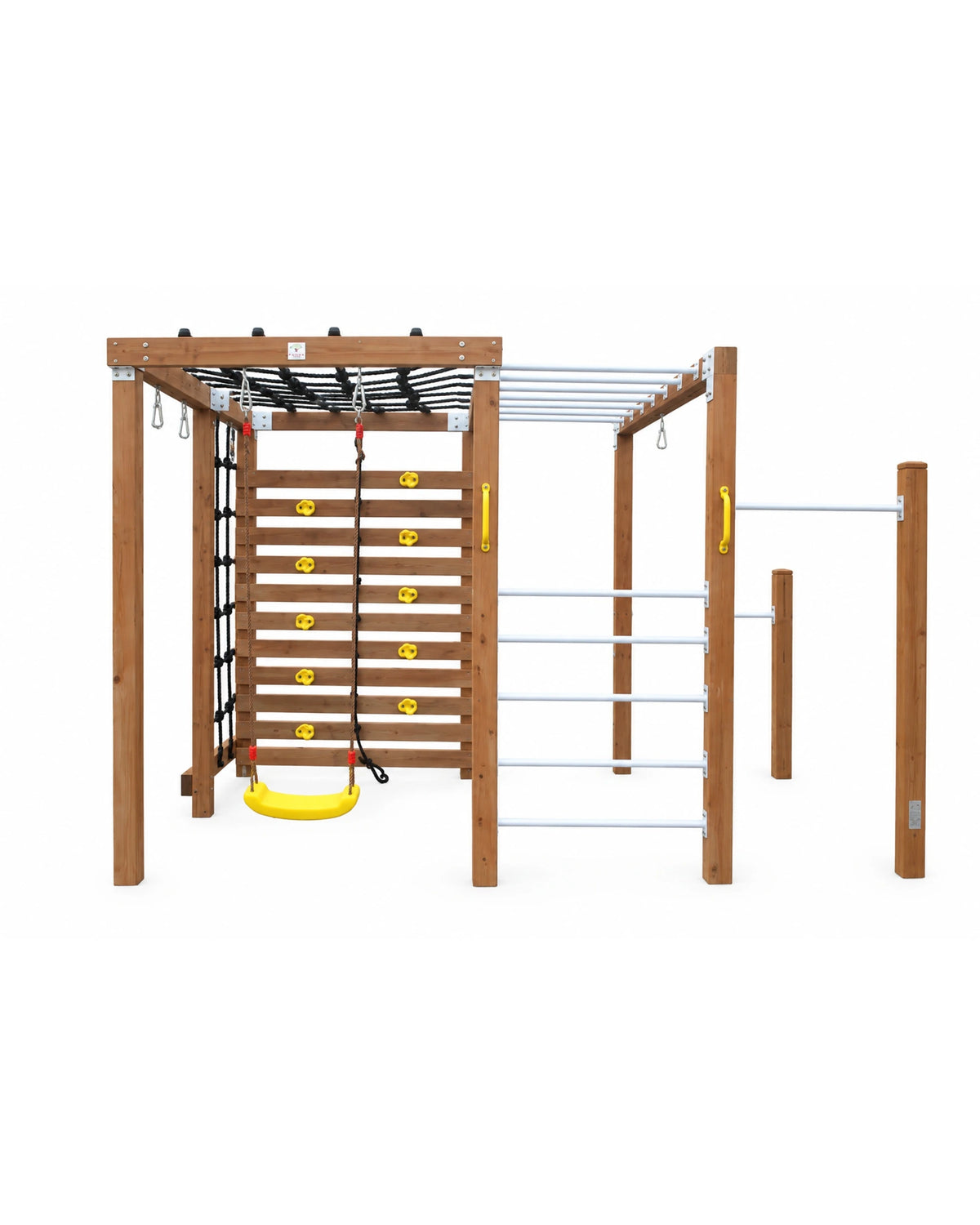 Apex Adventure Fort swing seat and timber frame side view in backyard setting