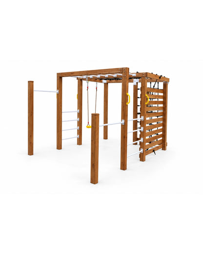Apex Adventure Fort climbing wall close-up showing timber frame and plastic climbing grips