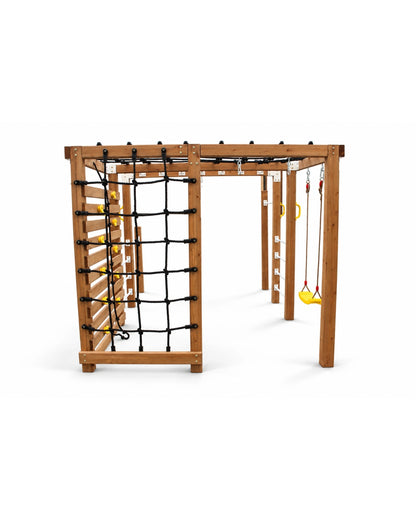 Apex Adventure Fort monkey bars detail showing timber construction and plastic handles