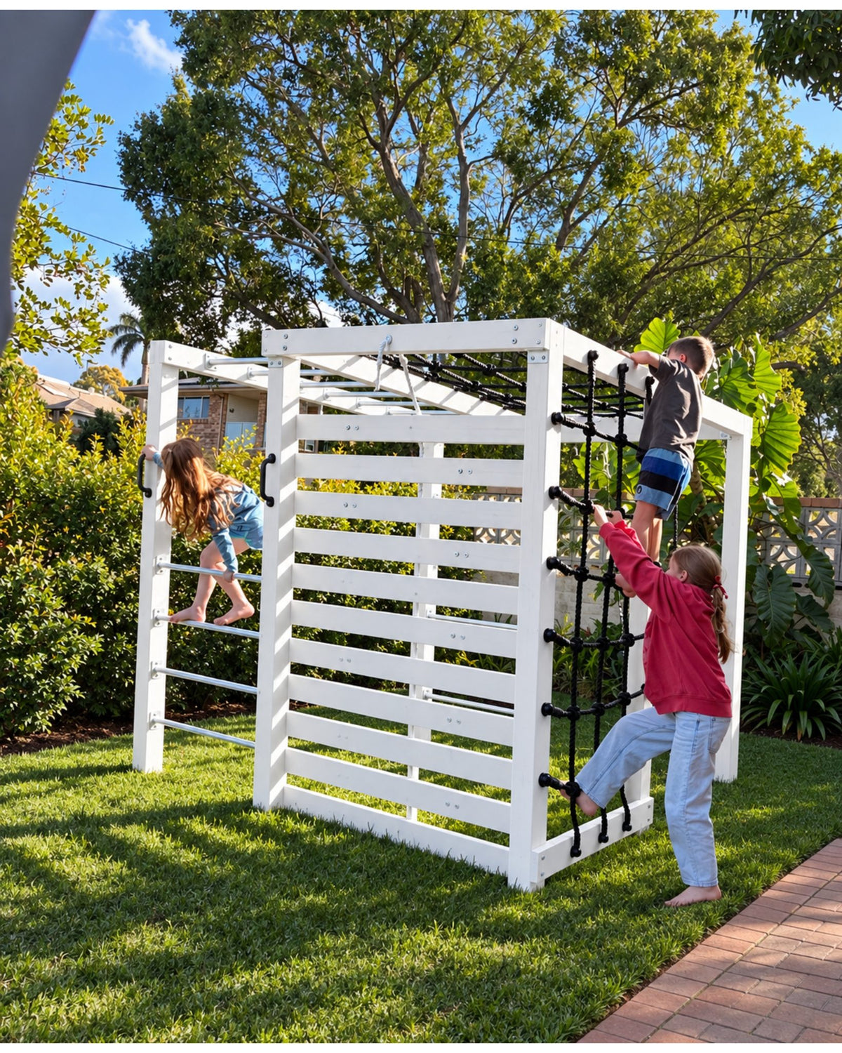 Apex Adventure Fort timber play set with monkey bars, swing and climbing wall in natural stain finish