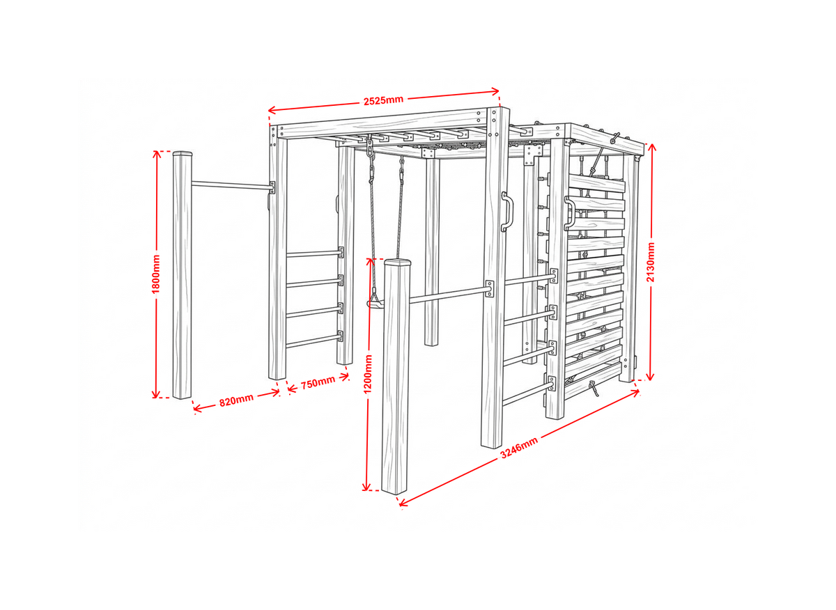 Apex Adventure Fort dimensions diagram showing height, width and length measurements
