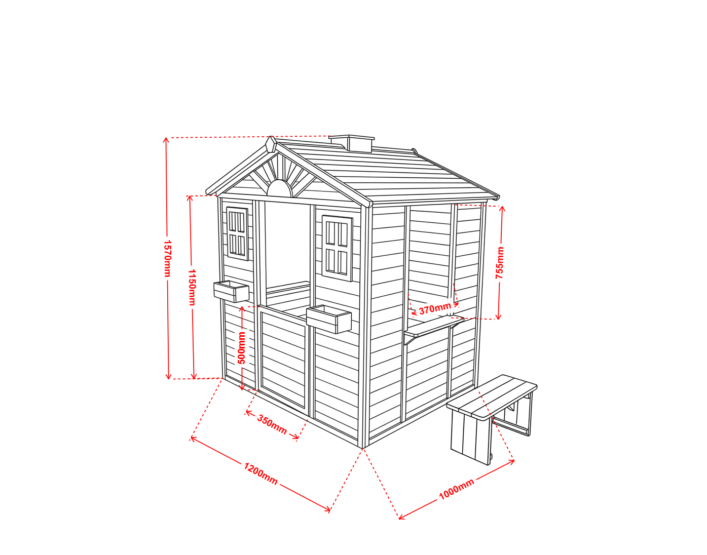 Dimensions of a wooden playhouse with measurements in millimeters.