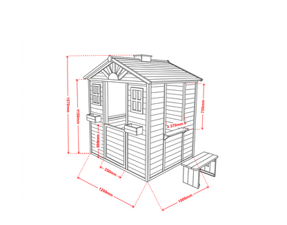 Dimensions of a wooden playhouse with measurements in millimeters.