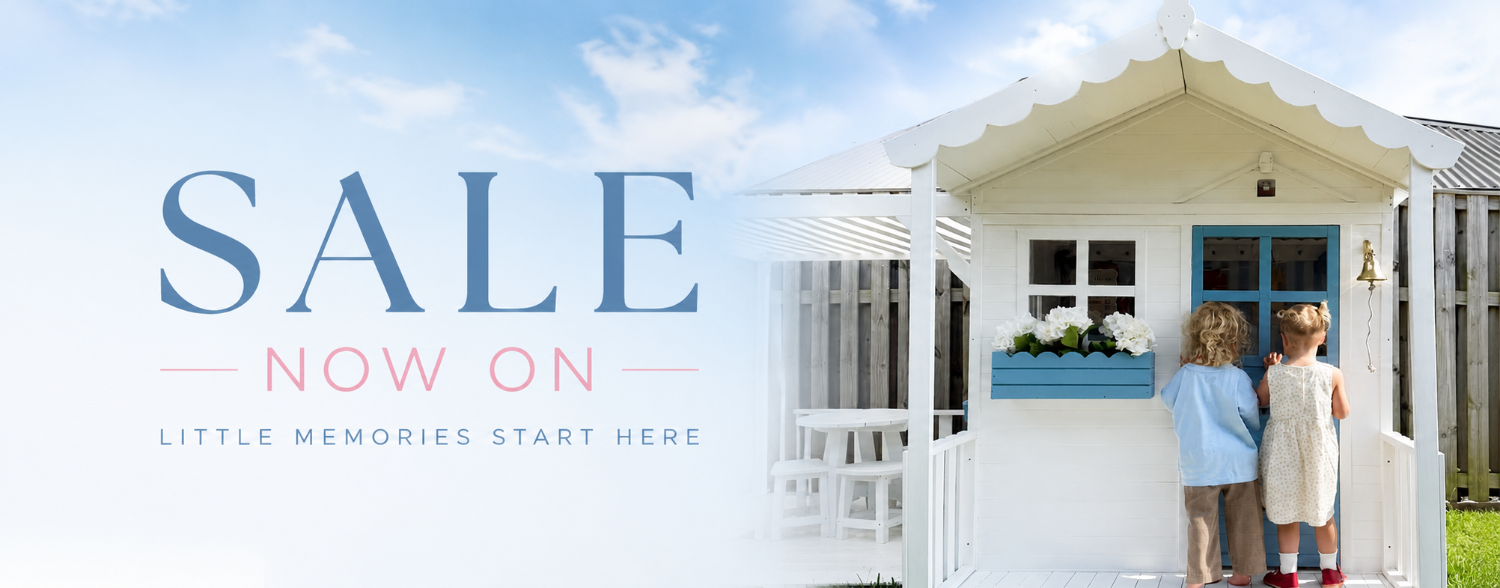 Children standing in front of a small playhouse with 'SALE NOW ON' text overlay.