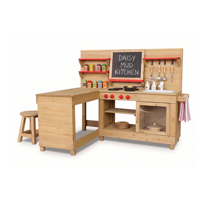 Mud Kitchen Daisy front view showing plumbable sink with taps, chalkboard panel and multiple storage shelves