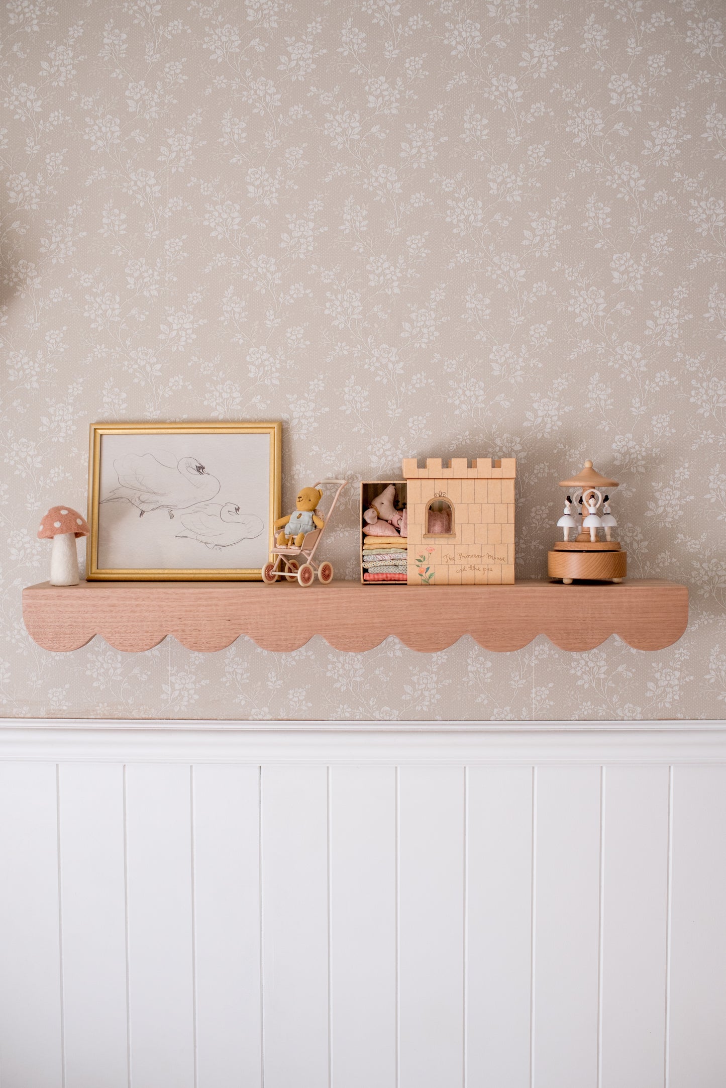 Lulu Scalloped Wall Shelf styled in a kids bedroom with timber bed frame