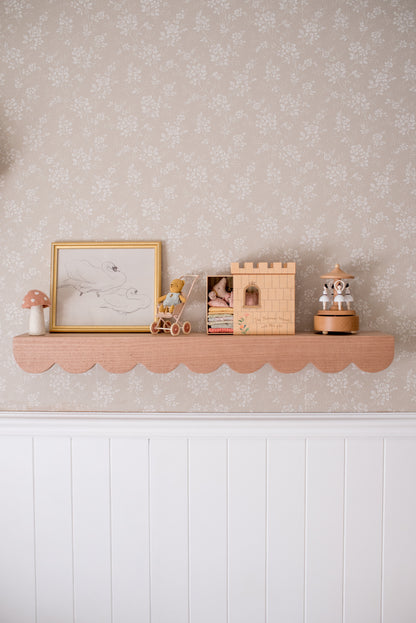 Lulu Scalloped Wall Shelf styled in a kids bedroom with timber bed frame