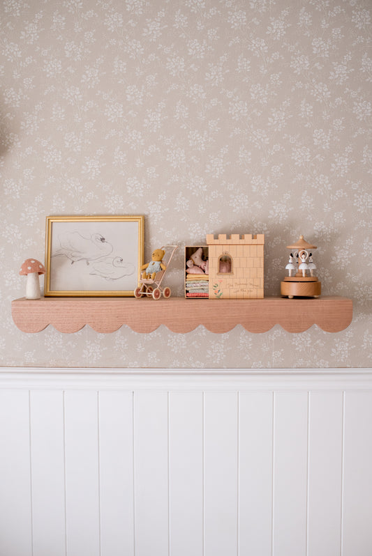 Lulu Scalloped Wall Shelf styled in a kids bedroom with timber bed frame