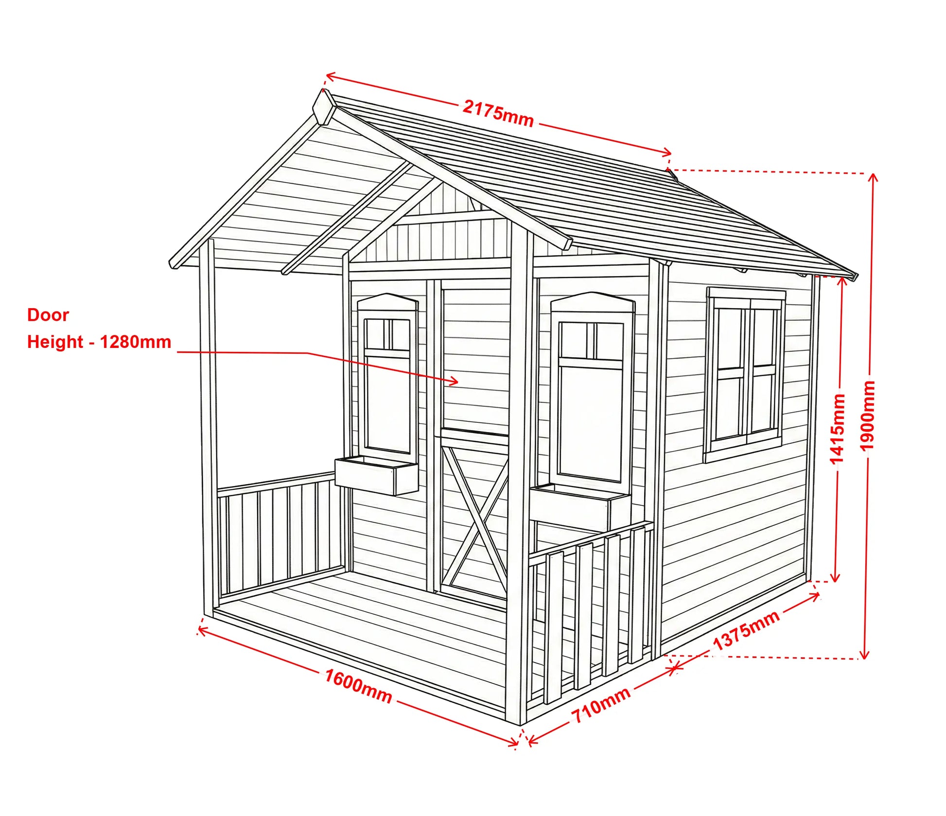 Technical drawing of a wooden cubby house with dimensions labeled