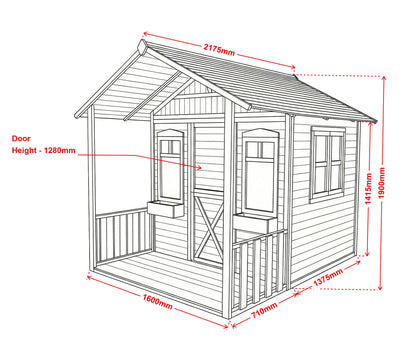 Technical drawing of a wooden cubby house with dimensions labeled