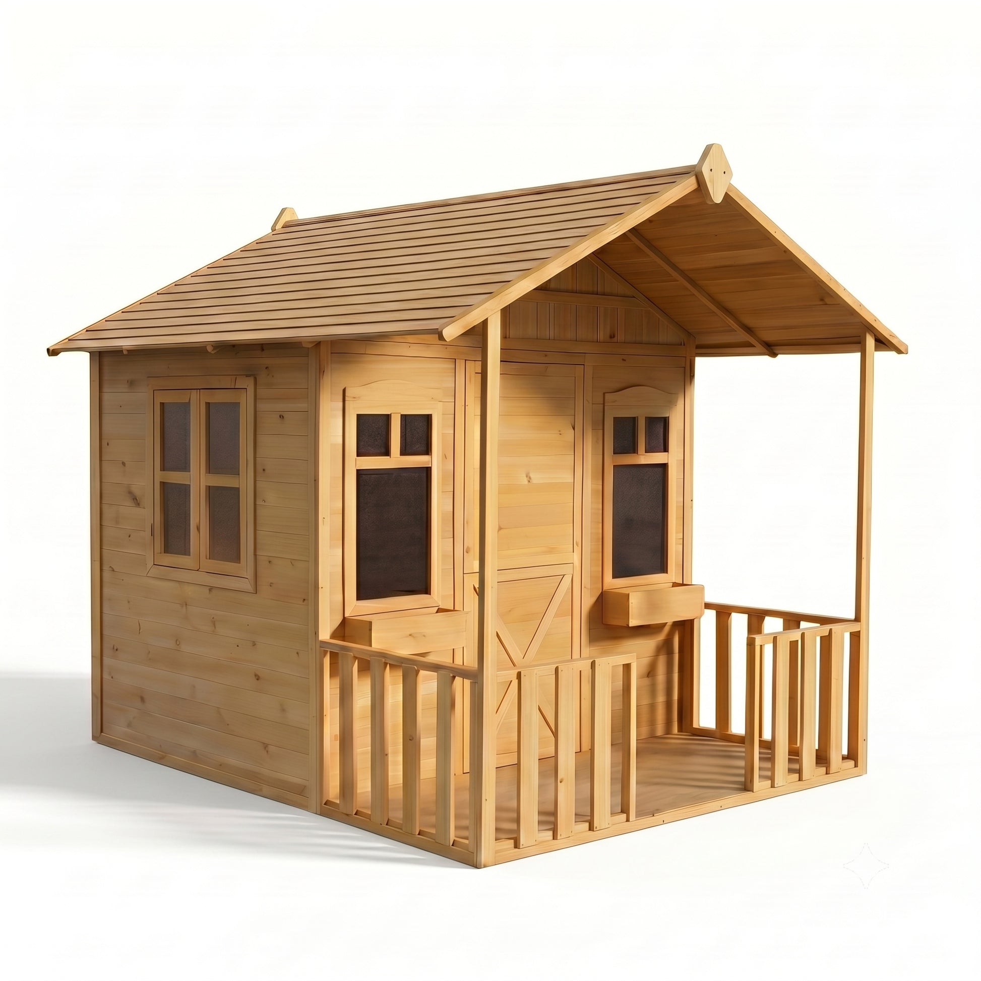 Wooden playhouse with a roof and windows on a white background