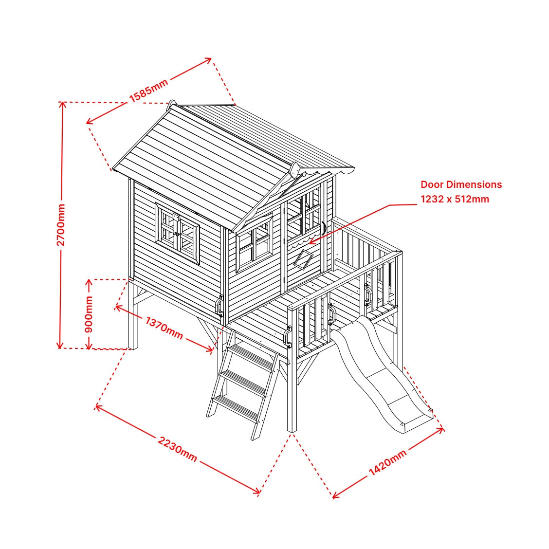 Wooden playhouse with dimensions marked on a white background