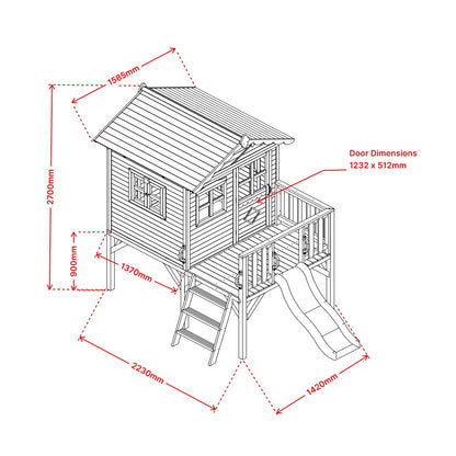 Wooden playhouse with dimensions marked on a white background