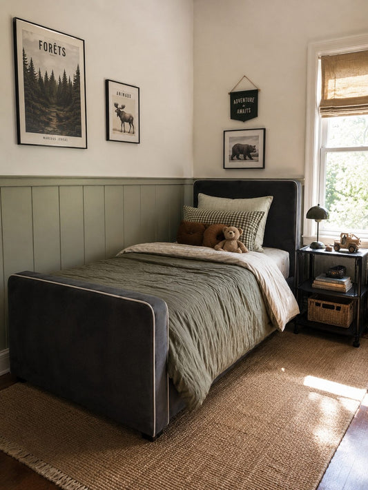 Hugo Kids Bed King Single in cream upholstered frame with contrast brown corded trim, front view