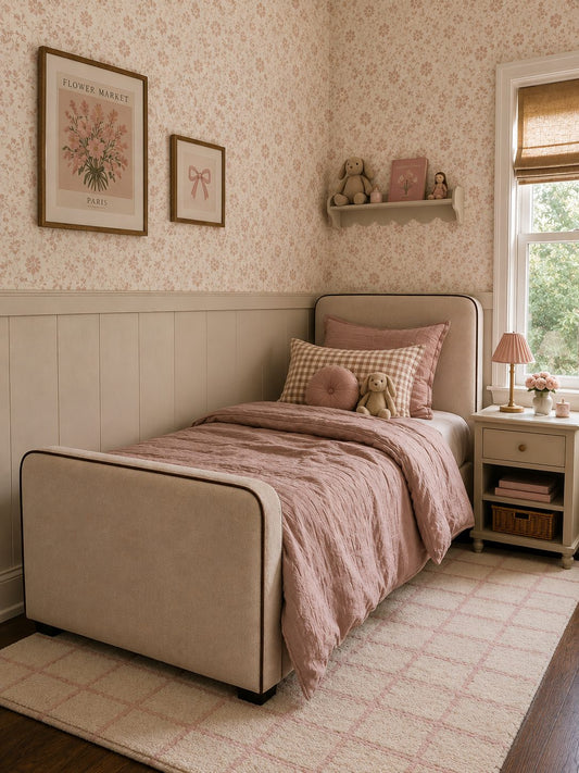 Hugo Kids Bed in cream fabric with brown corded trim, King Single, styled in a children's bedroom