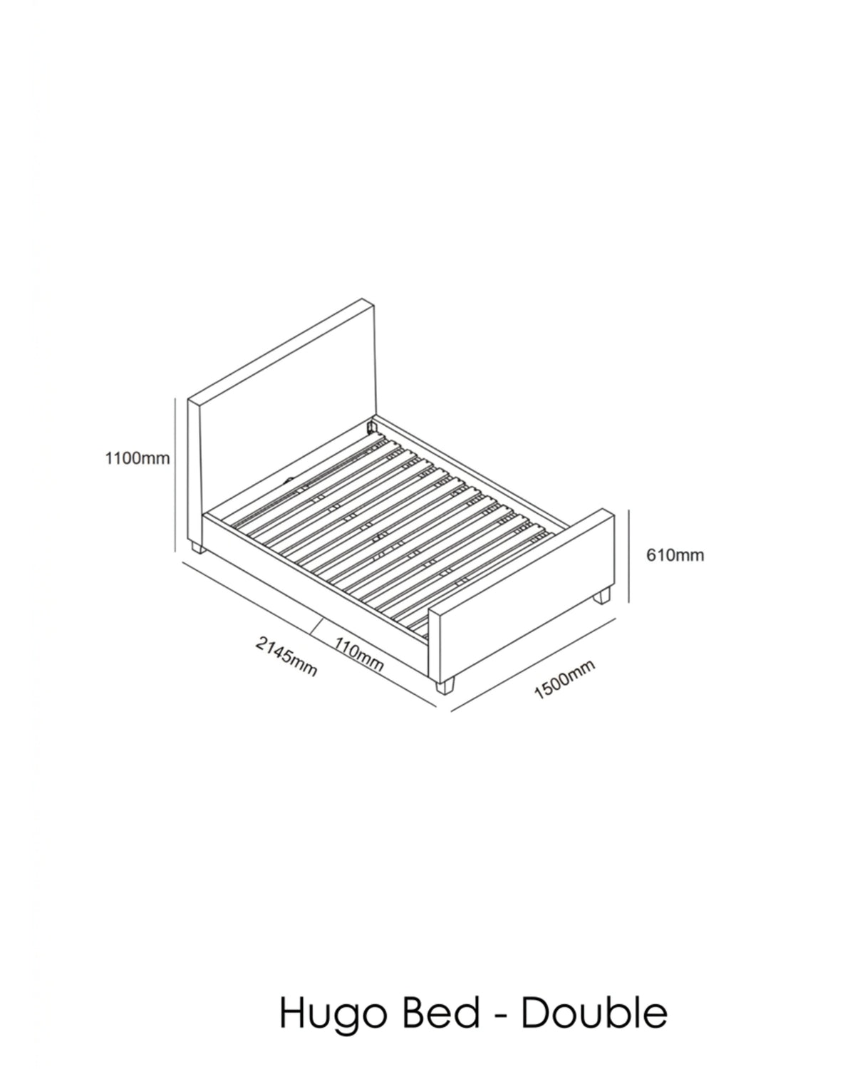 Hugo Kids Bed Double size dimensions diagram showing length, width and height measurements
