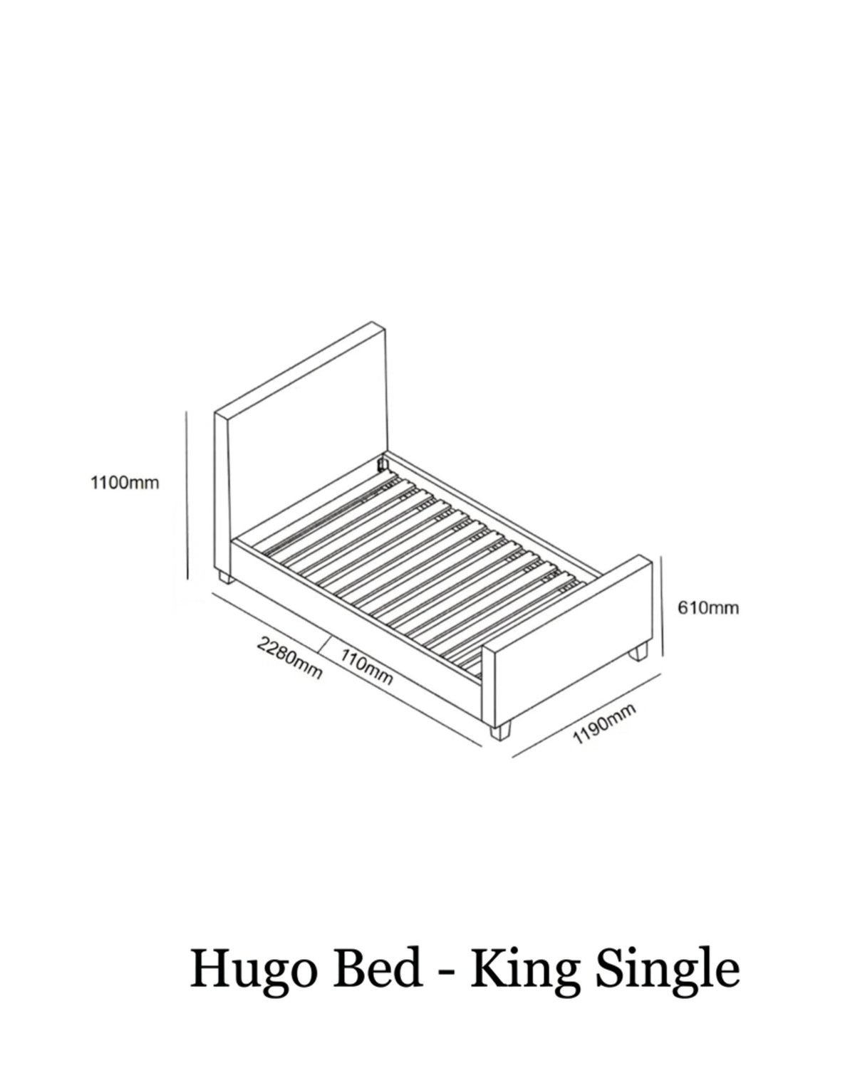 Hugo Kids Bed King Single dimensions diagram showing length, width and height measurements