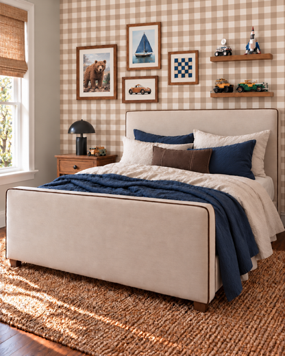 Hugo Kids Bed Double size in cream fabric with brown corded trim, full view