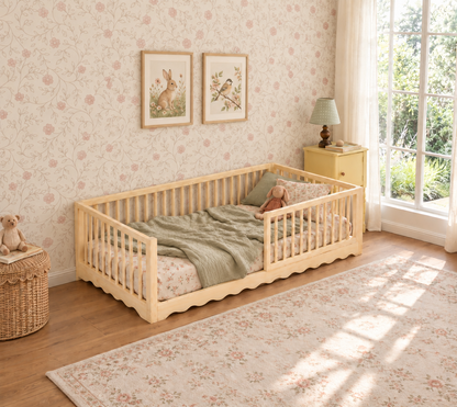 Lulu Kids Bed in Natural Pine solid timber frame, front view showing classic headboard and footboard styling