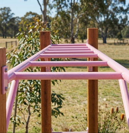 Pink monkey bars in an outdoor setting with trees and grass.
