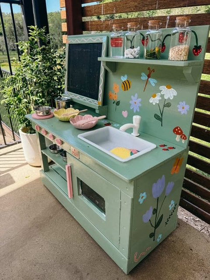 Mud Kitchen Bboard outdoor wooden play kitchen for children with storage shelves and countertop workspace