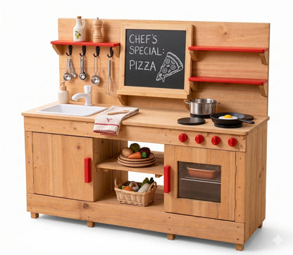 Mud Kitchen Danny hero shot — premium timber outdoor play kitchen with deep stainless sink, shelf and rustic wooden finish