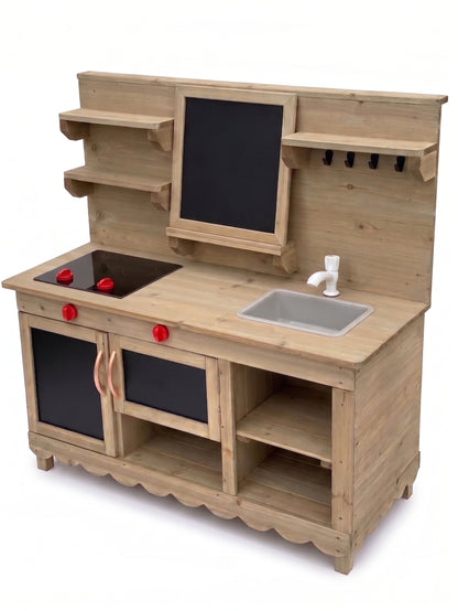 Mud Kitchen Molly side view showing open shelving and lower cabinet storage compartment