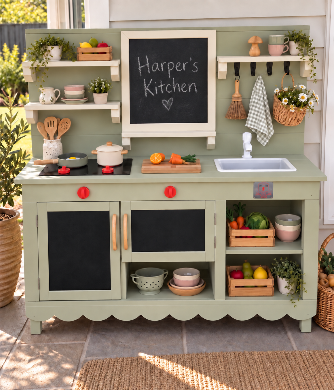 Mud Kitchen Molly outdoor play kitchen with etched stove top panel and turning knobs, natural timber finish