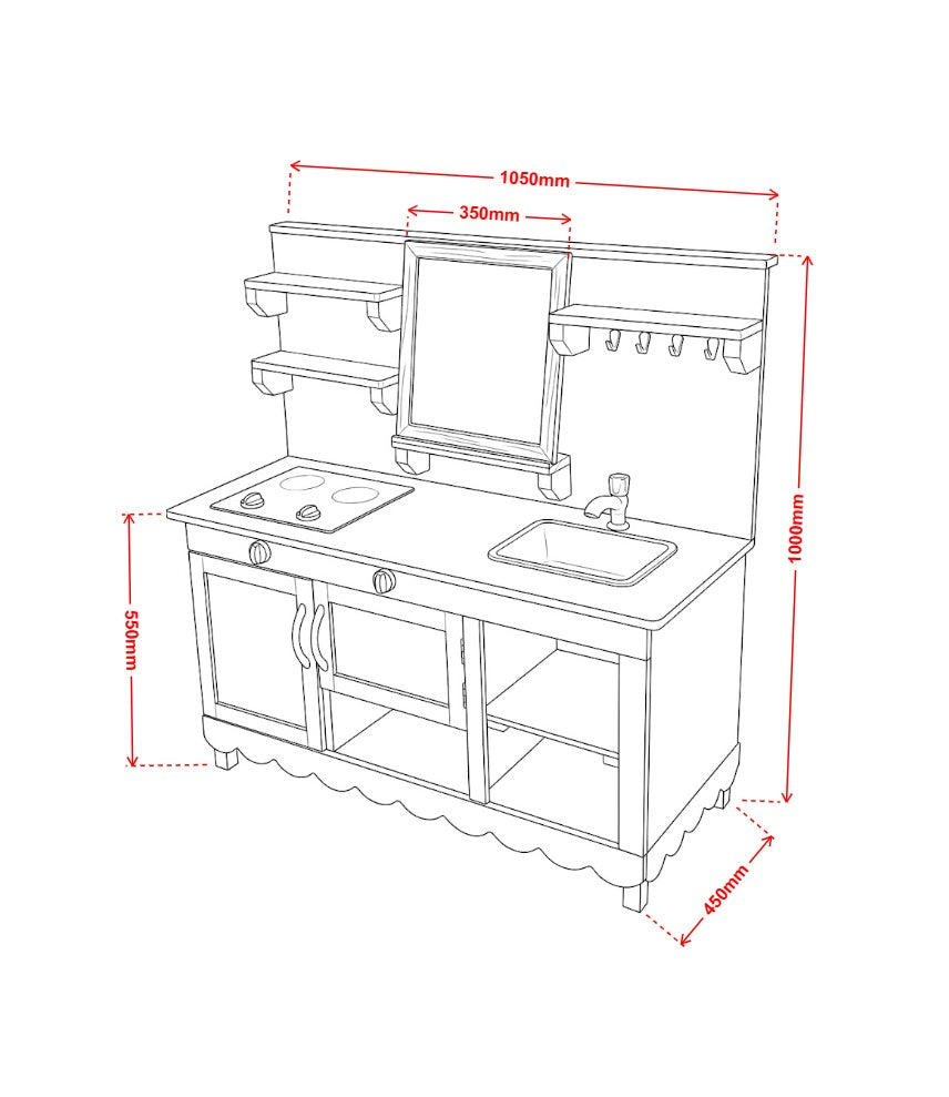 Mud Kitchen Molly product dimensions diagram showing width, height and depth measurements