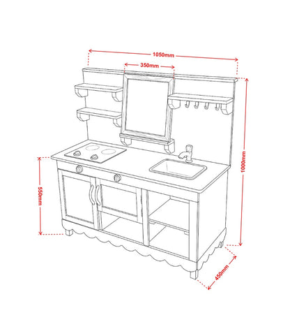 Mud Kitchen Molly product dimensions diagram showing width, height and depth measurements