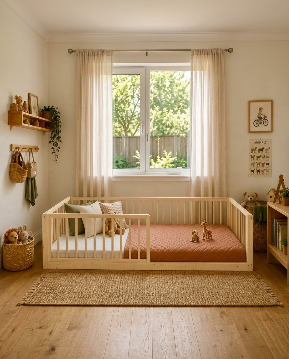 Oliver Kids Bed natural pine solid timber frame, low-profile design, side angle view