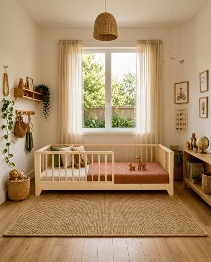 Oliver Kids Bed in natural pine finish, minimalist straight-line timber frame, single size