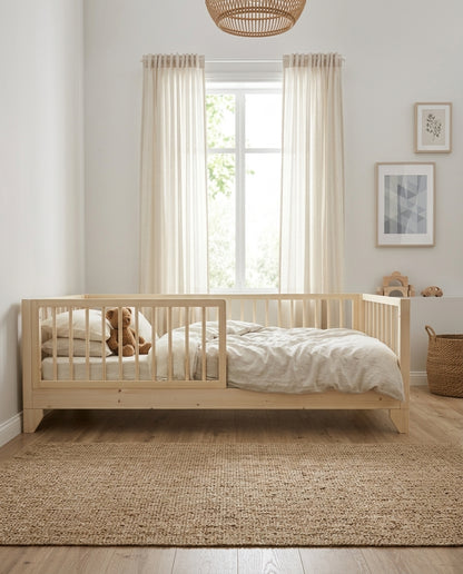 Oliver Kids Bed styled in a children's bedroom, natural pine timber frame with safety rail fitted