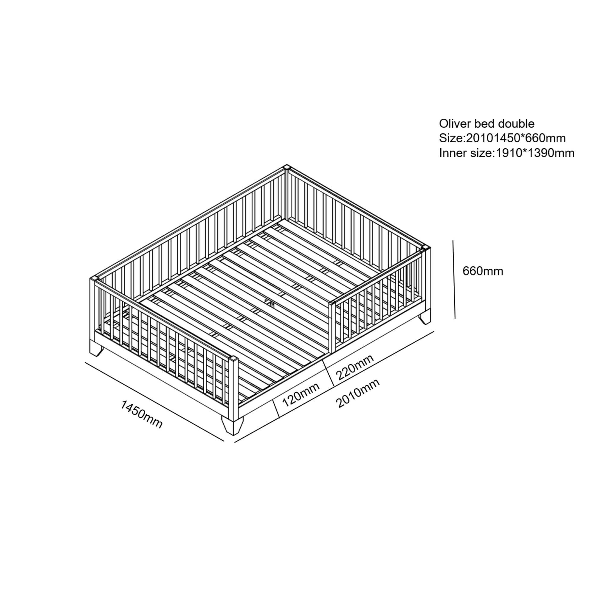 Oliver bed double size technical schematic showing dimensions 1450mm x 2010mm x 660mm with inner size 1310mm x 1390mm