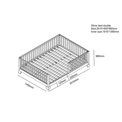 Oliver bed double size technical schematic showing dimensions 1450mm x 2010mm x 660mm with inner size 1310mm x 1390mm
