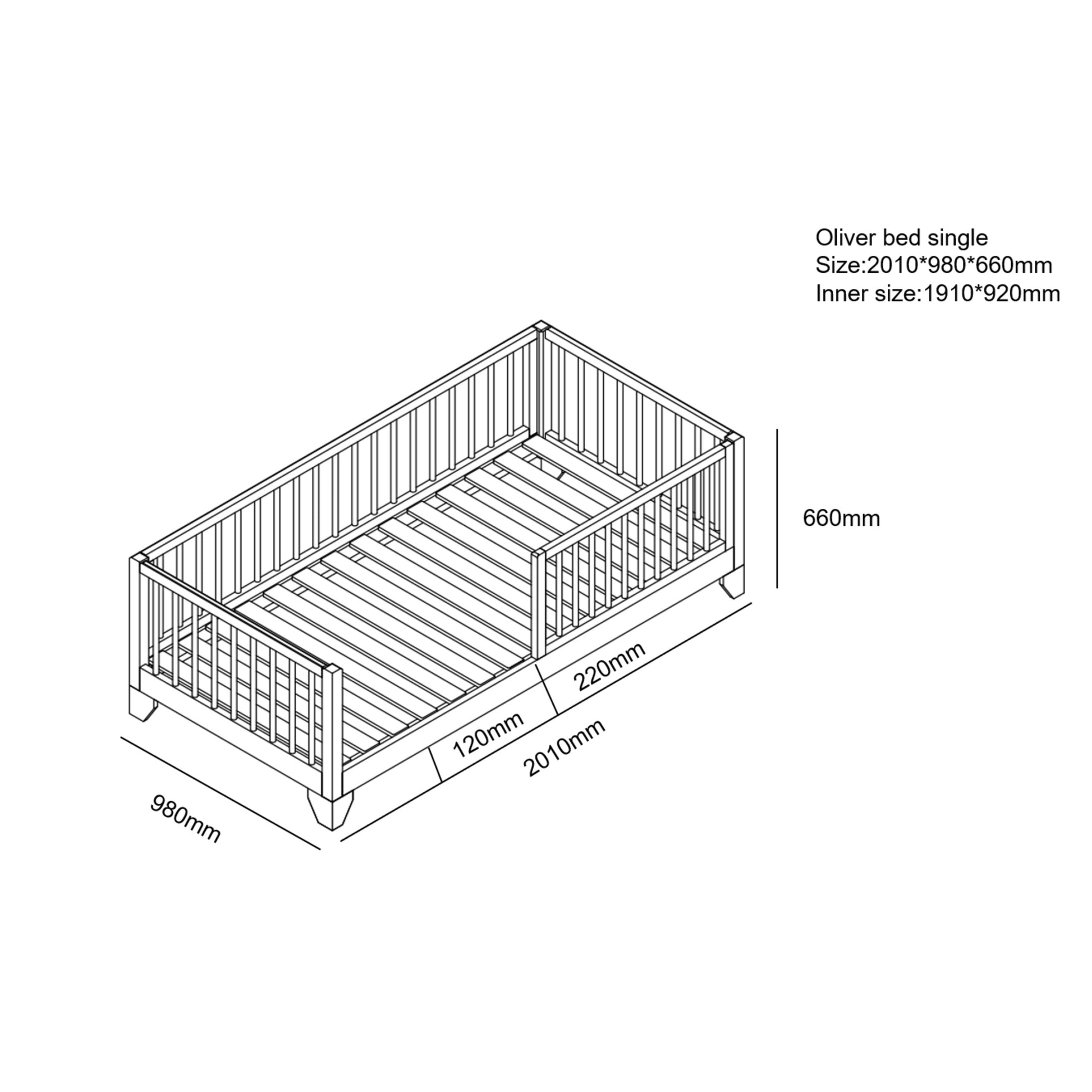 Oliver bed single size technical line drawing showing dimensions 980mm width, 2010mm length and 660mm height