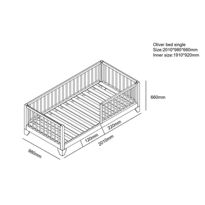 Oliver bed single size technical line drawing showing dimensions 980mm width, 2010mm length and 660mm height