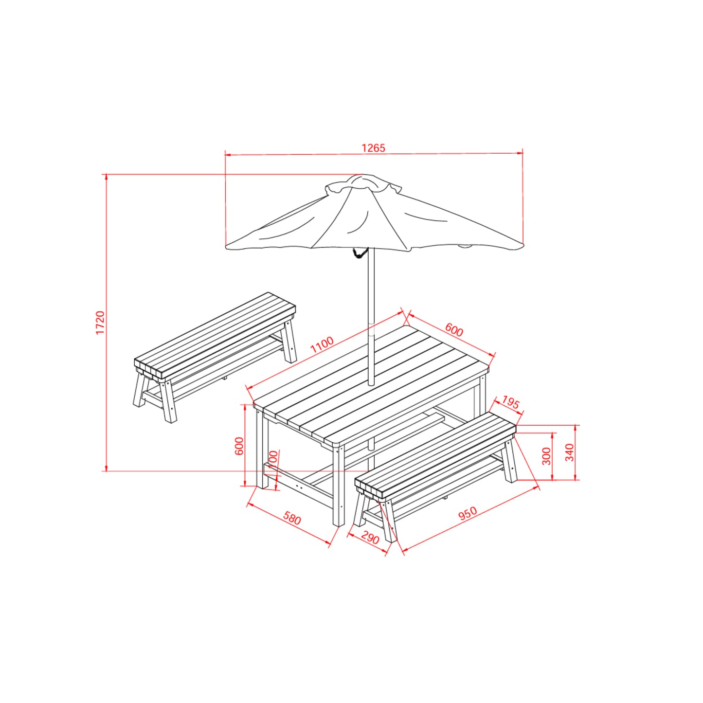 Kids Picnic Table & Bench Set with Umbrella & Cushions – Solid Colours